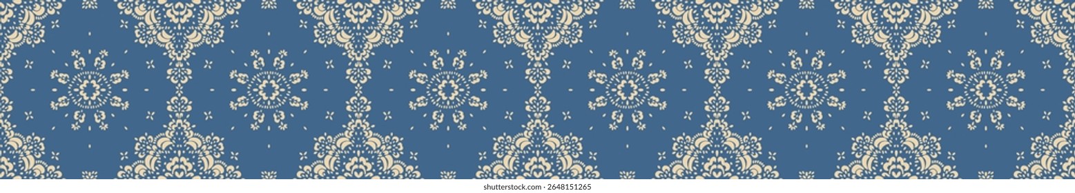 Desenho de Damasco no papel de parede. Design boêmio vintage. Impressão Boho em estilo retrô. Bonitos flocos de neve. Padrão de laço de trabalho aberto sem costura para bordados. Design boêmio vintage. Estêncil de damasco.