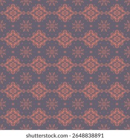 Desenho de Damasco no papel de parede. Design boêmio vintage. Impressão Boho em estilo retrô. Bonitos flocos de neve. Padrão de laço de trabalho aberto sem costura para bordados. Design boêmio vintage. Estêncil de damasco.