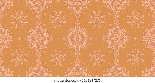 Desenho de Damasco no papel de parede. Design boêmio vintage. Impressão Boho em estilo retrô. Bonitos flocos de neve. Padrão de laço de trabalho aberto sem costura para bordados. Design boêmio vintage. Estêncil de damasco.