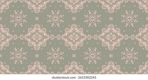 Desenho de Damasco no papel de parede. Design boêmio vintage. Impressão Boho em estilo retrô. Bonitos flocos de neve. Padrão de laço de trabalho aberto sem costura para bordados. Design boêmio vintage. Estêncil de damasco.