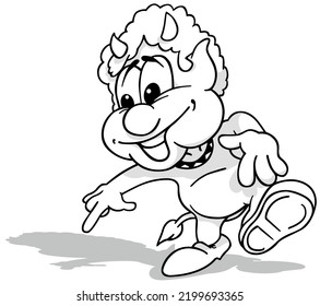 Drawing of a Dancing Devil with a Smile on his Face and Pointing with his Finger - Cartoon Illustration Isolated on White Background, Vector
