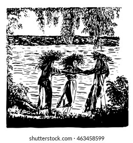 drawing dancing girl dance on the lake among the willows on the night of Ivan Kupala sketch hand-drawn vector illustration