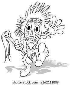 Drawing of a Dancing Shaman in a Ritual Mask - Cartoon Illustration Isolated on White Background, Vector