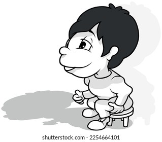 Drawing of a Dark Haired Boy Sitting on a Stool - Cartoon Illustration Isolated on White Background, Vector