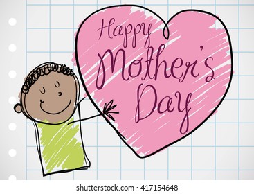 Drawing of a dark-skinned kid smiling and holding a big pink heart for his mom in Mother's Day.