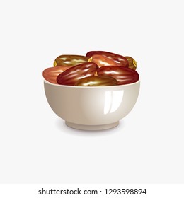 Drawing Date Fruits. Middle eastern food. Ramadan Iftar meal.  3d vector illustration of dried dates on bowl plate. Isolated background.