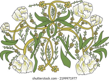 Drawing deciduous ornament pattern of bright flowers with leaves. Vector illustration