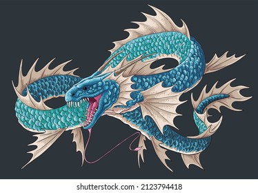 Dibujo dragón profundo, personajes de la moster, bajo el mar, cuerpo largo, arte.ilustración, vector