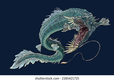 Drawing deep sea monster, predator, art.illustration, vector