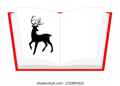  Drawing of a deer in an open red book, vector stock illustration