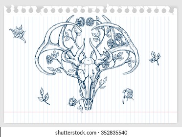 drawing of deer skull with horns decorated with flowers