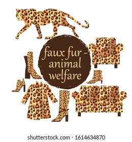 Drawing In Defense Of Animals. Live Leopard And Furniture, Clothing, Shoes With Leopard Fur Trim. The Inscription Faux Fur-animal Welfare. The Flat Pattern. Vector Illustration. EPS 10.