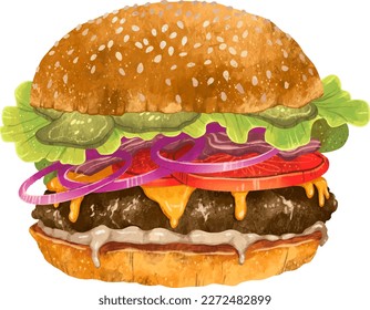 Drawing of a delicious burger with bacon cutlet cheese cheeseburger onion tomatoes greens sauce sesame bun