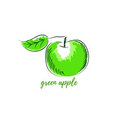 Drawing delicious green apple varieties Granny Smith on a white background. Hand drawn vector sketch for print t-shirt, bag, clothes. Design elements for mug, stationery. Illustration for decoration