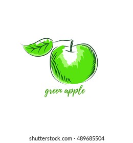 Drawing delicious green apple varieties Granny Smith on a white background. Hand drawn vector sketch for print t-shirt, bag, clothes. Design elements for mug, stationery. Illustration for decoration