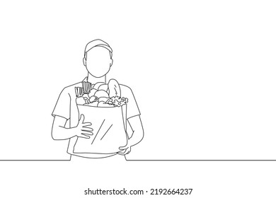 Drawing Of Delivery Man Holding Fresh Food Paper Bag Door To Door. One Line Art
