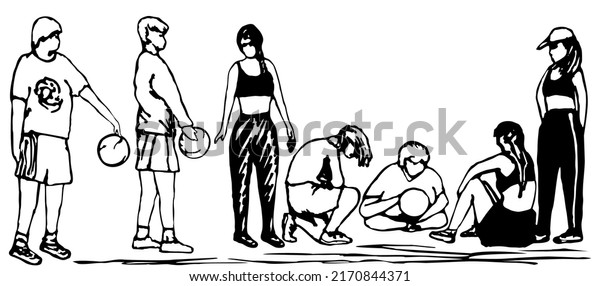 Картинка для iThyx рисунка  изображающего перерыв во время тренировки мальчиков и девочек на баскетбольной площадке в парке