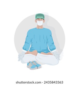 A drawing depicting a doctor in a medical mask and uniform, who is sitting in a lotus position and meditating. The concept of a healthy lifestyle, relaxation. To create a logo  for medical institution