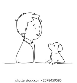 A drawing depicting a happy moment of a child playing with his dog. Peaceful pets of urban life. A simple and modern design created with continuous lines.