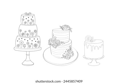 A drawing depicting three distinct cakes placed on a table. Each cake is uniquely designed and stands out on the table surface