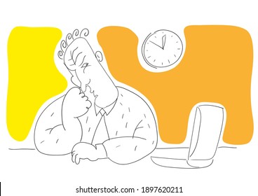 Drawing depicting a worker who is waiting for the end of the working day and looking at the wall clock.