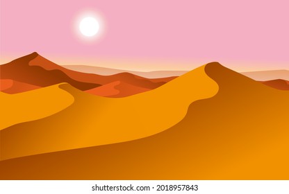 Drawing of the desert. Orange dunes, pink sky, white sun.