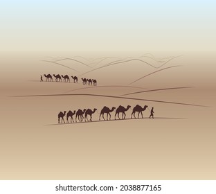 A Drawing Of Desert With Walking Camel Caravan In Lines