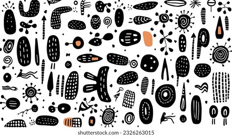 drawing design with hand drawing doodle dots on white stock vector, in the style of prehistoric art, ogham scripts, juxtaposition of shapes, carpetpunk, whimsical figurative, abstract