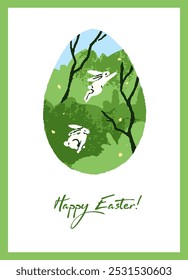 Diseño de dibujo de postal de Pascua feliz con animales. Forma de huevo pintado con el patrón de conejitos lindos en la tarjeta de fiesta religiosa. Jugando conejos en prado verde de primavera. Ilustración vectorial plana