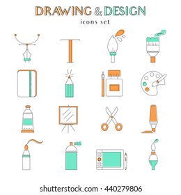 Drawing and design icons in modern thin line style
