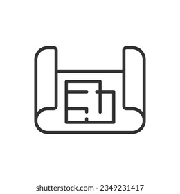 Zeichnung des Designs, Linearsymbol, Bauplan, Diagramm auf einem Stück Papier. Linie mit bearbeitbarem Hub