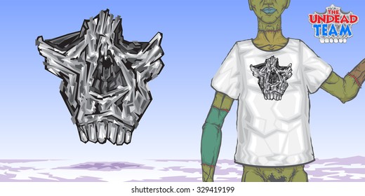 drawing for design of the skull t-shirt. Example of the figure shows a skull on model.Model clothes for zombie.logo type the undead team 