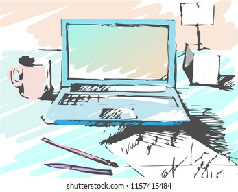 A drawing of a desktop with writing accessories made in the style of a sketch, for use as a background, plotting or design