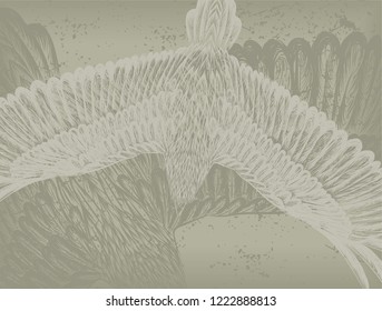 Drawing detailed swallow on the grey background. Horizontal banner. China style.