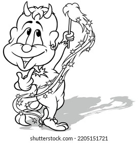 Drawing of a Devil with a Burning Sparkler in his Hand - Cartoon Illustration Isolated on White Background, Vector