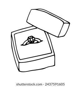 drawing of a diamond ring in an open box. hand-drawn wedding ring