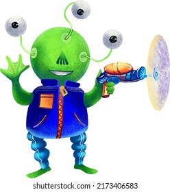 drawing digital monster with three eyes green and with a blaster ufo alien character concept children's illustration space for boys