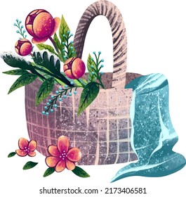 drawing digital wicker basket with flowers and fabric florists peonies handmade