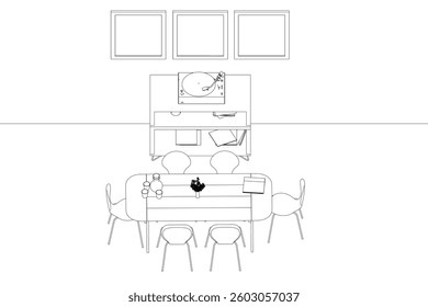 A drawing of a dining room with a table and chairs. The table is surrounded by chairs and there is a bowl on the table