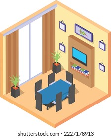 drawing dinning room Concept, guest reception area vector color isometric icon design, compact living space symbol, Interior Decoration Sign, low poly home office rooms stock illustration 