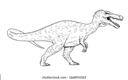 Drawing of dinosaur - hand sketch of Baryonyx, black and white illustration