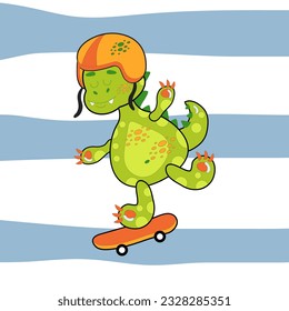 Drawing of a dinosaur on a skateboard for children. image for holidays in dino style, postcards, illustrations eps