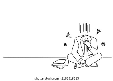 Drawing of disappointed businessman sitting. Extreme tired concept. Single line art style
