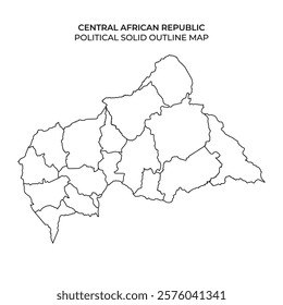 The drawing displays the political boundaries of the Central African Republic. Each region is outlined clearly, showcasing the countrys administrative divisions in a simplified format.