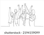 Drawing of diverse group huddle and high five hands together in office workshop. Single line art style

