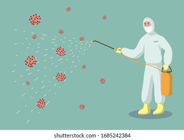 The drawing of the doctor injecting the Coronavirus disinfectant into a vector, can be used for various designs.