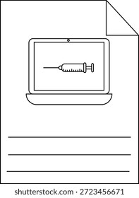 Desenho de documento mostra laptop com seringa na tela e três linhas em branco