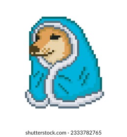 Drawing of a dog covering itself with a blanket, pixel art meme 