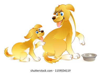 Drawing of dog and little puppy asking to eat. Illustration for children book. Vector cartoon image.