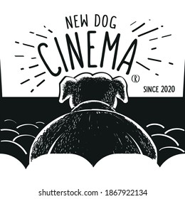 Drawing of dog in vector stylized alone in black and white silhouette watching a movie session for pets
